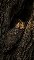 Great horned owl perched in a hollow tree trunk, glowing yellow eyes peering through dark bark, dramatic wildlife nature photography.
