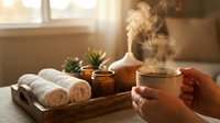 Spa wellness scene with rolled towels, steaming cup, essential oil diffuser, and succulent plant on wooden tray by window for relaxation and self-care concepts.