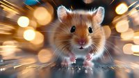 Curious hamster close-up portrait with motion blur and golden bokeh lights background creating dynamic festive atmosphere for greeting cards and holiday designs.