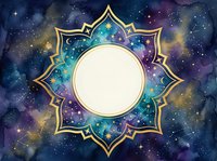 Ornate golden mandala frame with cosmic galaxy background featuring stars and nebula colors for spiritual meditation and mystical design projects.