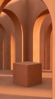 Minimalist terracotta cube podium in abstract architectural space with warm orange arches and soft lighting for product display and branding presentations.