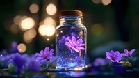 Magical glowing purple flower trapped in glass jar with bokeh lights background, surrounded by wild purple flowers creating dreamy fantasy atmosphere.