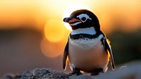 Adorable penguin chick standing on rocky surface at sunset with golden bokeh background, warm evening light illuminating feathers and distinctive markings.