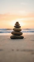 Balanced stone cairn stack on sandy beach at golden sunset with soft ocean waves creating peaceful zen meditation atmosphere for wellness and mindfulness concepts.