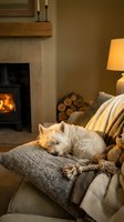 Cozy white dog resting on armchair near fireplace with warm lamp lighting and knitted blankets, perfect for home comfort and relaxation lifestyle content.