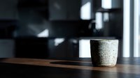 Concrete cup on wooden table with blurred modern interior background, suitable for café, product placement, and lifestyle design projects.