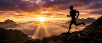 Athletic man running on mountain ridge at golden sunrise with dramatic clouds and peaks below creating inspirational fitness scene.
