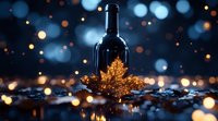 Wine bottle with golden autumn maple leaf against dark background with magical bokeh lights creating romantic autumn mood for seasonal celebration.