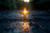 Glowing golden cross on wet surface at dusk, creating spiritual atmosphere with warm light reflection against dark background.