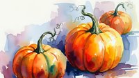Watercolor autumn pumpkins with curly vines on white background. Orange harvest gourds with artistic paint splashes for seasonal decoration and fall designs.