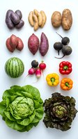 Fresh organic vegetables and fruits collection isolated on white background including potatoes, sweet potatoes, radishes, peppers, lettuce and watermelon.