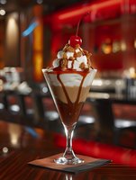 Chocolate ice cream sundae with cherry and whipped cream in elegant glass at upscale restaurant bar for dessert menu and culinary marketing materials.