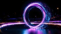 Glowing neon circle portal with pink and blue light trails and particles against dark background, futuristic energy ring with motion blur effect and sparkles.