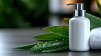 White cosmetic pump bottle with chrome dispenser surrounded by fresh green leaves with water droplets on marble surface for natural skincare branding.