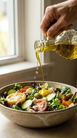 Senior man pouring golden olive oil over fresh salad bowl with vegetables, tuna, and olives by window. Healthy eating and cooking concept.