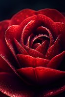 Deep red rose with water droplets on petals creating romantic atmosphere for Valentine's Day, wedding, anniversary and love-themed designs.