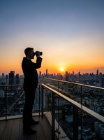 Businessman in formal attire using binoculars on high-rise rooftop terrace at sunset, overlooking sprawling cityscape with golden sky. Corporate vision and urban exploration.