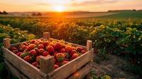 Fresh ripe strawberries in wooden crate at sunset on farm field. Organic berry harvest agriculture concept for healthy food and farming industry.