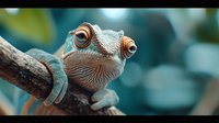 Curious chameleon with bulging eyes perched on branch against turquoise bokeh background, macro photography shows detailed scales and expressive face of exotic reptile.