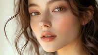 Young woman with natural makeup, soft lighting highlighting glowing skin and wavy brown hair, showcasing modern beauty trends for cosmetic advertising.