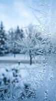 Intricate frost patterns on window glass with blurred winter landscape background creating natural crystalline formations and seasonal atmosphere.