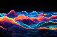 Abstract digital waves in vibrant neon colors of orange, red and blue creating dynamic mountain-like landscape against black background. Modern design for technology concepts.