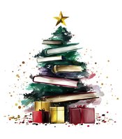 Creative Christmas tree made from stacked books with gold star on top and wrapped presents underneath, watercolor style on white background.