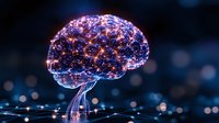 Glowing digital brain with neural network connections on dark background, illuminated by blue and purple lights, representing artificial intelligence and machine learning.