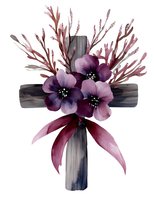 Wooden cross decorated with purple watercolor flowers and burgundy foliage on white background, isolated religious art element for Easter and faith designs.