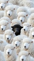 Black sheep among white sheep flock, standing out from crowd concept. Unique individual in group showing diversity, difference and nonconformity.