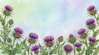 Watercolor thistle flowers border with purple blooms and green leaves on soft pastel gradient background, perfect for cards and prints.
