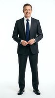 Middle-aged Caucasian male professional in dark charcoal suit and navy tie, smiling confidently while adjusting jacket button. Isolated on white background for corporate, business, and executive use.