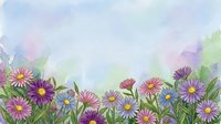 Watercolor aster flowers in pink, purple and blue bloom along the bottom, with soft pastel sky background, copy space for text or greeting cards.