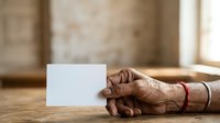 Senior male hand with wrinkled skin holding blank white card on wooden table in rustic interior, suitable for business cards, announcements, and promotional messaging.