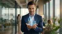 Smiling businessman in suit holding glowing lightbulb in modern office, representing innovation and creative business solutions for corporate success.