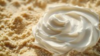 Whipped cream rosette piped on crumbly cake or dessert base, showcasing bakery decoration techniques for culinary and food styling projects.