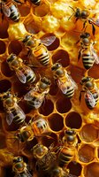 Honey bees working on golden honeycomb cells in macro photography, showing detailed wing patterns and body segments against warm amber background of wax structure.