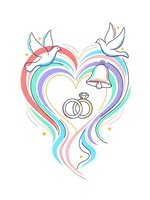 Wedding heart with doves, rings and bell in pastel rainbow colors on white background. Romantic marriage celebration design for invitations and cards.