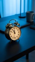 Vintage alarm clock on office desk showing nearly midnight in blue ambient lighting for time management and deadline concepts.