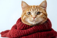 Adorable ginger cat wrapped in cozy burgundy knitted scarf looking up with bright eyes against white background, perfect for seasonal greeting cards and winter themes.