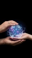 Hands protecting glowing digital network sphere with connected icons representing technology innovation and data security concepts on black background.