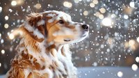 Australian shepherd dog with red and white fur looking up at falling snow against blurred bokeh lights background creating magical winter atmosphere.