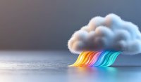 Fluffy white cloud raining colorful neon rainbow lights on reflective surface, creative weather concept with glowing spectrum effect on gray background.