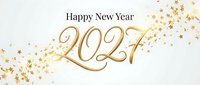 Happy New Year 2027 greeting with gold stars scattered across white background, festive celebration design for holiday cards and seasonal promotions.