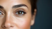 Close up portrait showing natural glowing skin, defined eyebrows, and long eyelashes against dark background, highlighting professional beauty and cosmetic makeup application.