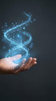 Human hands cupping glowing blue energy spiral with sparkling particles and light trails on dark background for digital technology concepts.