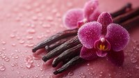 Fresh vanilla pods with vibrant pink orchid flower on wet pink surface with water drops, creating luxurious spa and aromatherapy composition.
