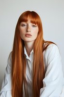 Young woman with copper-red hair and fair complexion wearing white shirt, studio portrait against neutral background for fashion, beauty, and professional use.