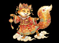 Cute fox character in traditional Asian festive costume holding a lantern, isolated on transparent background. Great for stickers, t-shirt design, print on demand, sublimation.