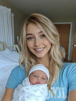Young Caucasian mother with blonde hair and blue eyes holding newborn baby in hospital room, wearing casual blue t-shirt, genuine smile expressing joy of motherhood.